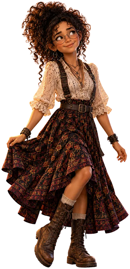 Ivory dancing in a long patterned skirt and boots